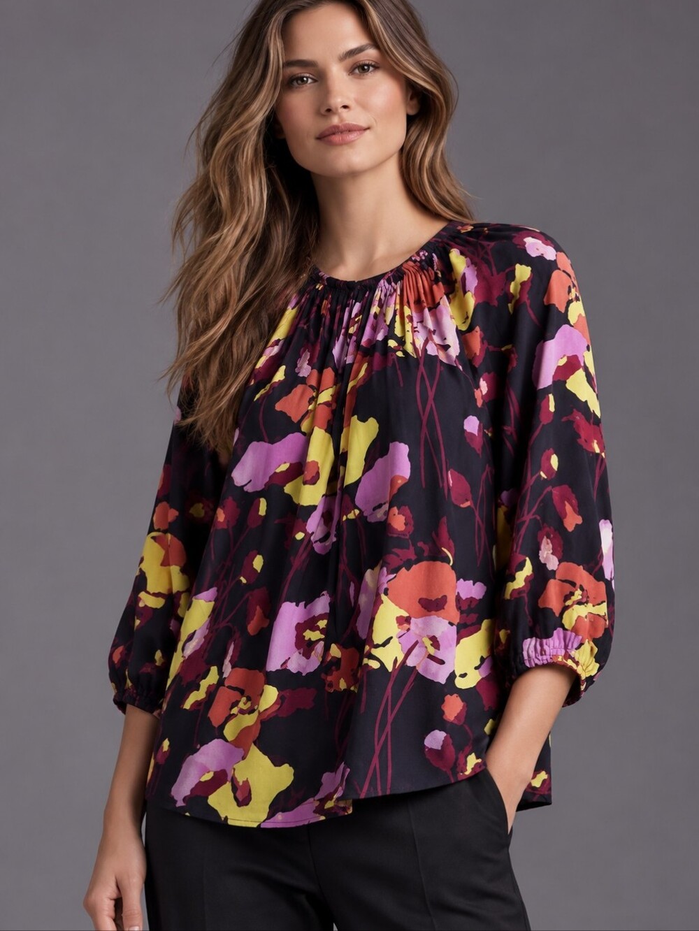 TUCKER Silk Smocked Gathered Neck 3/4 Sleeve Blouse XS / S Petite